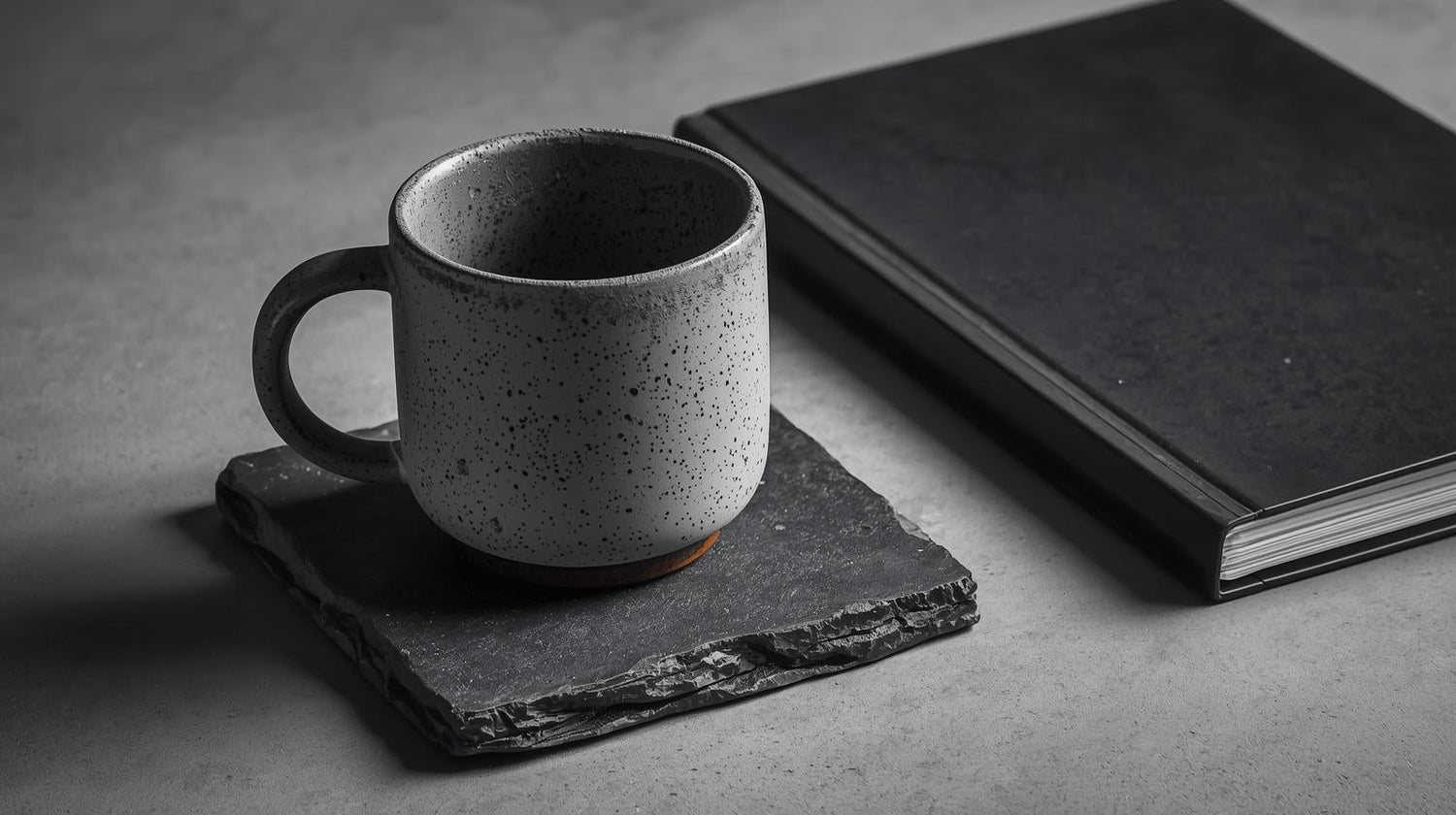 A minimalist desk setup featuring a concrete-textured coffee mug and slate coasters, highlighting raw industrial materials.